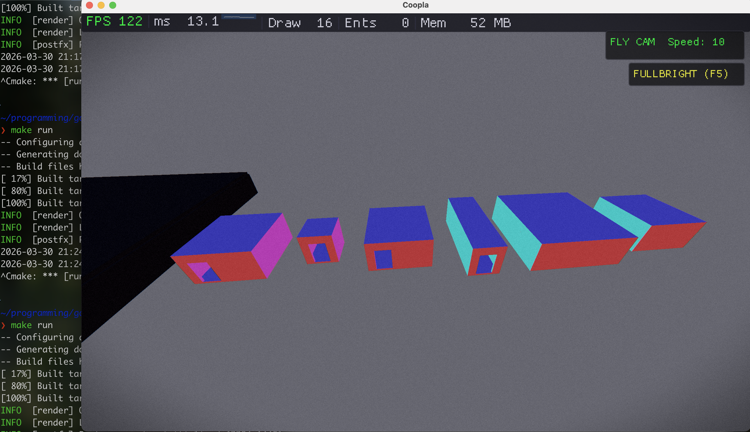 Row of procedurally generated rooms from above