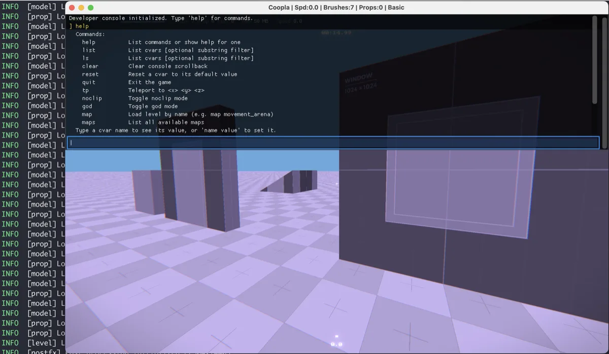 Developer console with command list