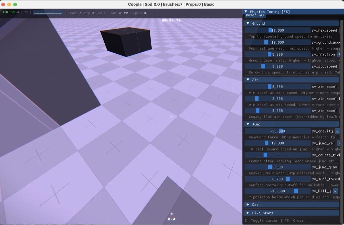 Physics tuning panel with live CVars and performance bar