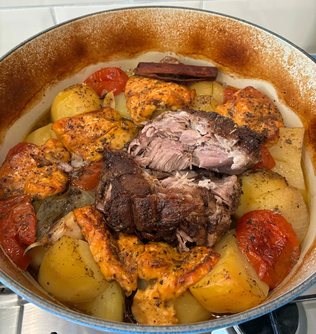 Rested kleftiko lamb in the pot